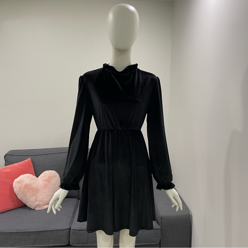 Velvety Black Dress Size Small Keyhole Back Long Sleeves Ruffle Neck and Cuffs